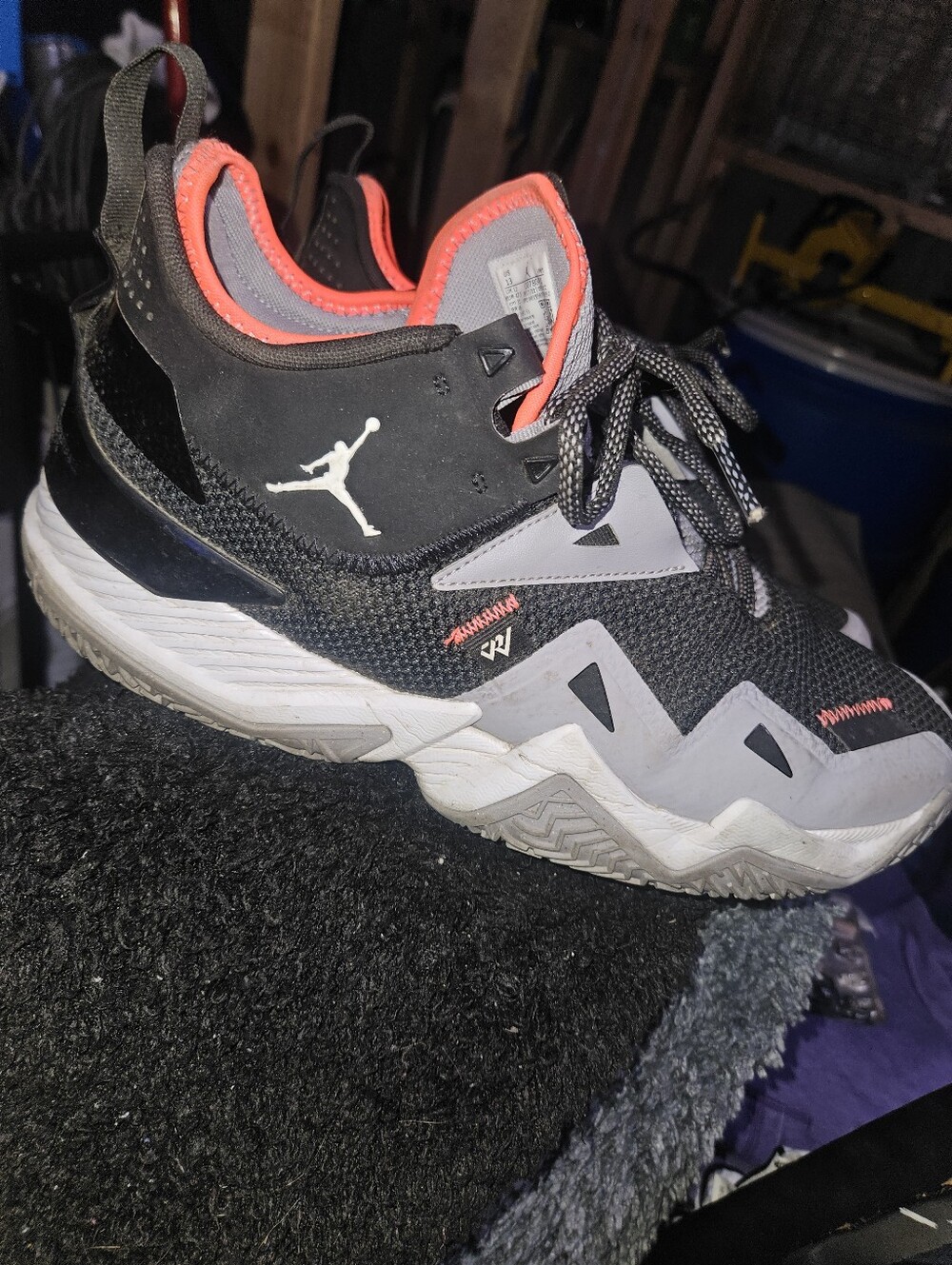 Jordan Mens  Black and Gray Sneakers with Coral Trim